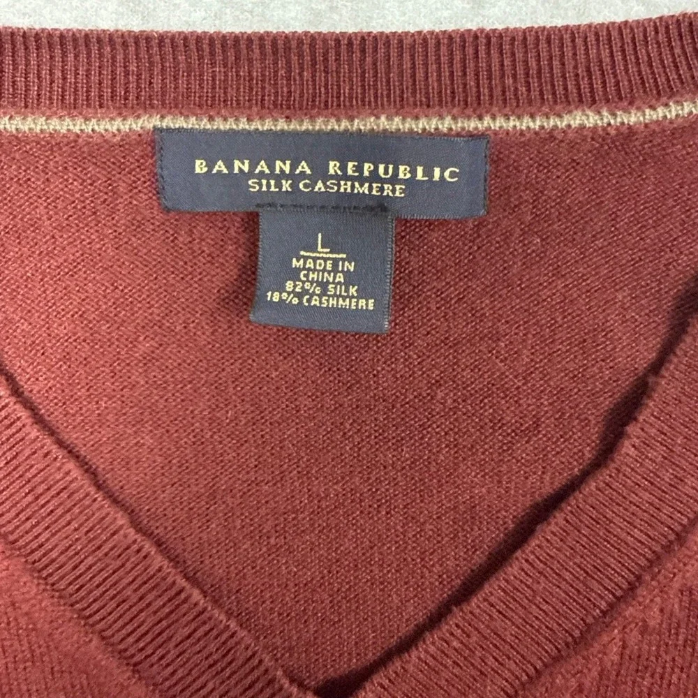 Banana Republic Silk Cashmere V-Neck Sweater Mens L Burgundy Classic Fall Luxury